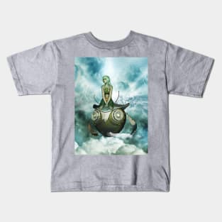 Steampunk women fly with a mechanical owl Kids T-Shirt